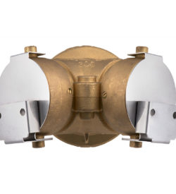 Front view of the stainless-steel locking caps on a two-way fire department connection.